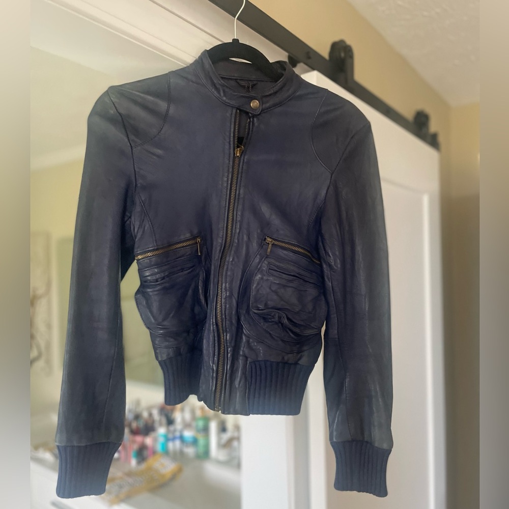 DOMA Navy Leather Bomber Jacket with Zipper Pockets